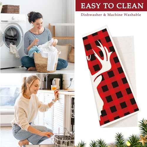 Whaline 6Pcs Christmas Swedish Dishcloths Red Buffalo Plaid Xmas Dish Towels Xmas Tree Snowflake Joy Reusable Absorbent Washable Cotton Kitchen Towels for Xmas Winter Cooking Wiping, 6.7 x 7.7 Inch