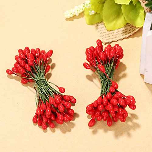 Shappy 400 Pieces Elliptical Artificial Holly Berries on Wire for Christmas Decoration and Floral Arrangement (Red and Gold)
