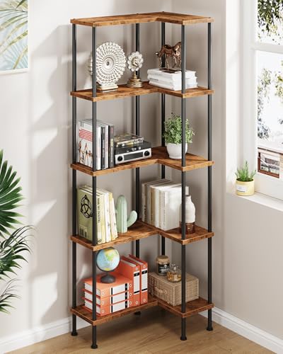 Rustic Brown 5-Tier L-Shaped Corner Bookshelf - 60 Inch Modern Corner Shelf