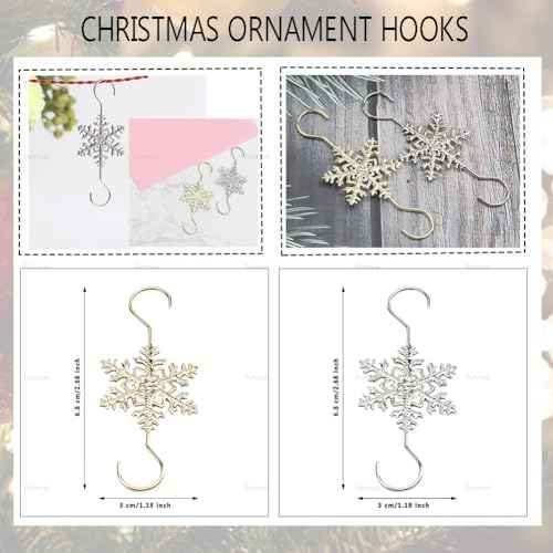 Furimuk Christmas Snowflake Ornament Hook Hangers Gold Sliver Snowflake Decorative Christmas Tree Hanging Metal Wire for Xmas Christmas Tree Decoration Hangers(20PCS) (Gold)
