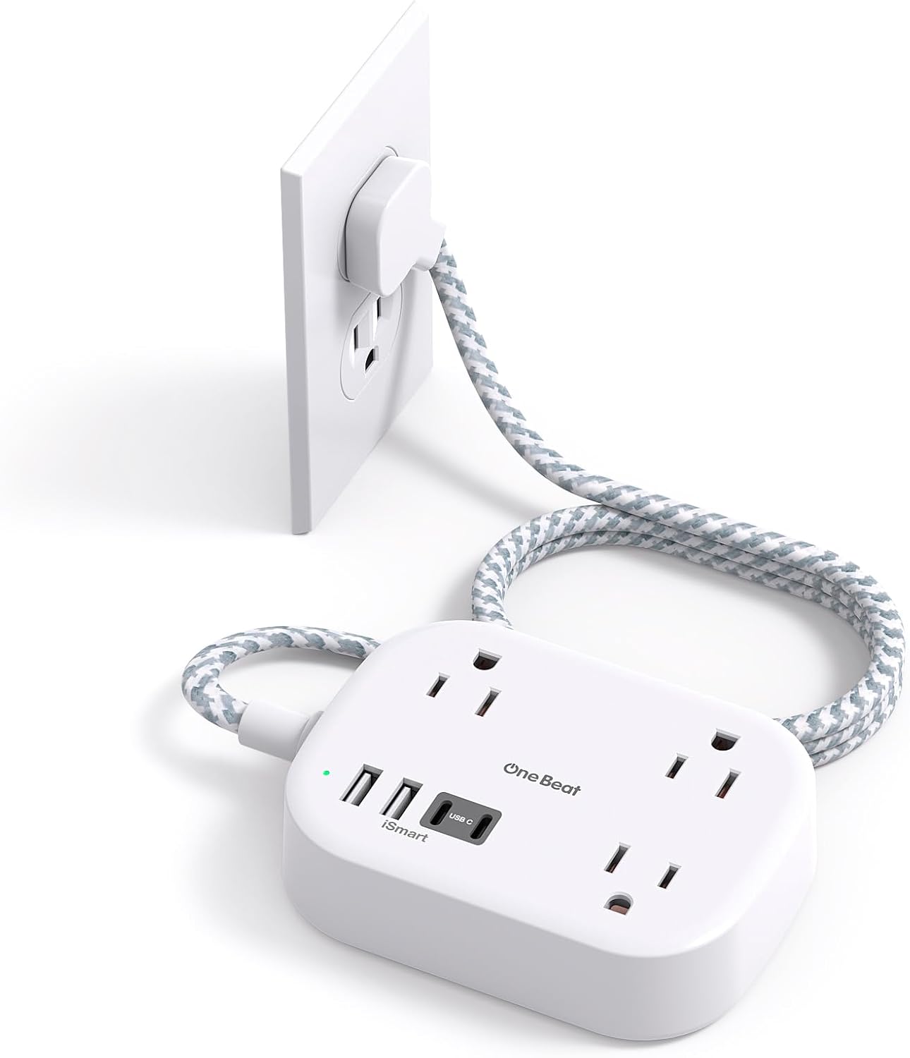 One Beat | Travel Power Strip with USB-C Ports - 3 Outlets & 4 USB Ports, 5 ft Extension Cord for Cruise & Dorm Room