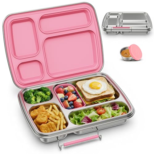 Pink Stainless Steel Bento Lunch Box for Kids & Adults, 4 Compartments, Sauce Container