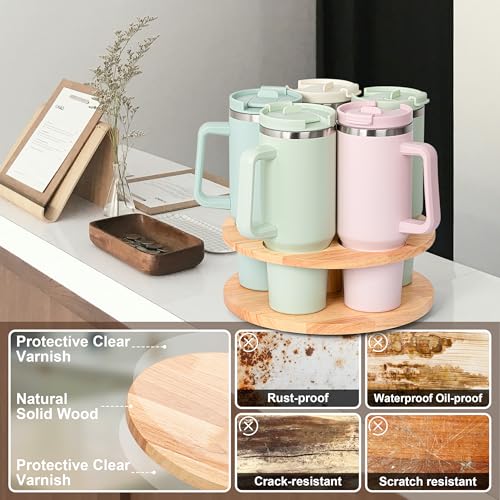 Water Bottle Organizer for Stanley Cups 20oz-40oz - Yellow - 360° Rotating Wooden Tumbler Holder
