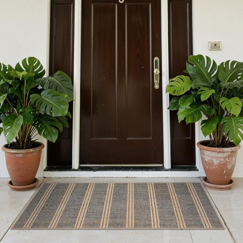Outdoor Indoor Rug 3x5 Black Stripe Washable Non Slip Geometric Door Mat for Entryway Patio