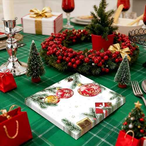 50PCS Christmas Paper Napkins - Disposable Xmas Balls Holiday Napkins Snowflake Holly Pine Cone Paper Napkins for Dinner Table Decor Party Supplies