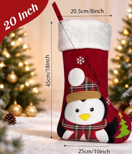 BOffer Red Penguin 20in Velvet Animal Christmas Stocking with 3D Deer, Bear, Snowman – Lined Xmas Stocking for Kids