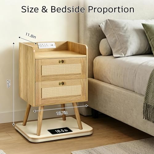 EOLULIG Rattan Nightstands Set of 2 with Natural Wood Finish, Boho Bedside Tables with 2 Drawers & Built-in Charging Station