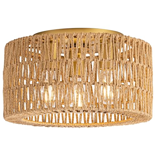 Gold 3-Light Rattan Ceiling Light Fixture Boho Woven Flush Mount for Bedroom Living Room