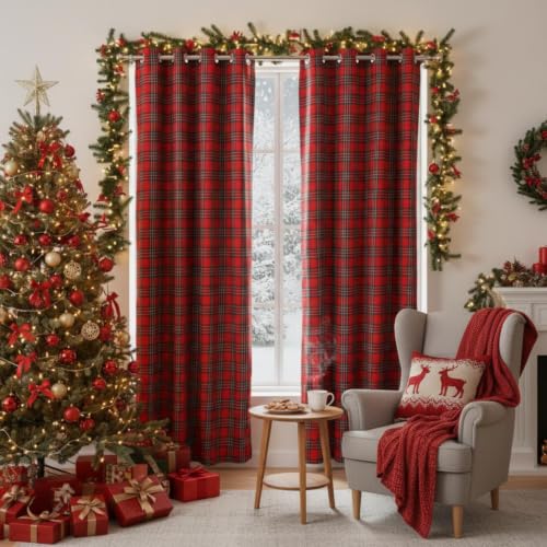 HunnmingRe Red Christmas Tartan Plaid Curtains 52 x 84 Inches – Holiday Window Drapes