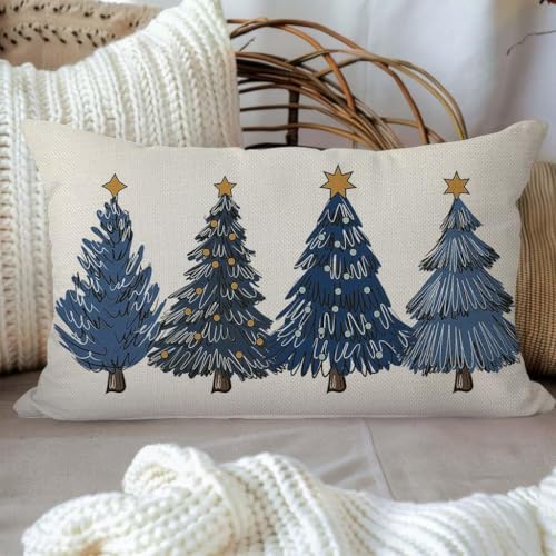 Blue Christmas Throw Pillow Cover 12x20 Inch Christmas Tree Decorations Outdoor Winter Holiday Xmas Decorative Lumbar Throw Pillow Case for Home Sofa Couch Living Room Bedroom Decor