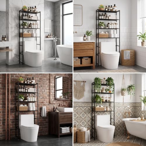 Over-the-Toilet Bathroom Organizer Rack with 4 Tiers, Adjustable Feet - Black