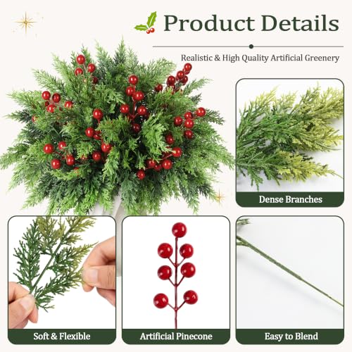 45 PCS Cedar Greenery Stems with Red Berry Picks for Christmas Decor - Artificial Holiday Plants