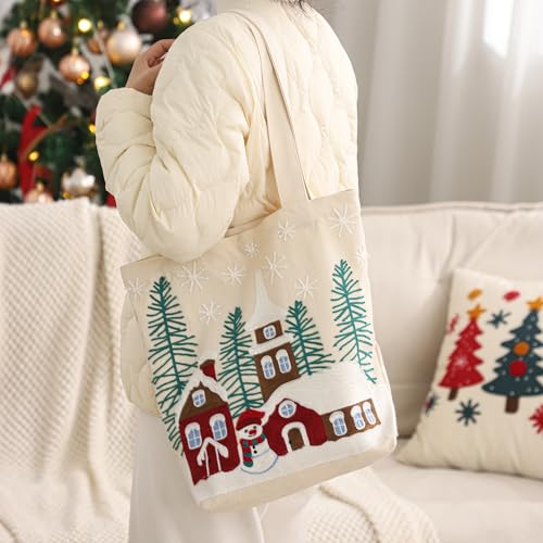 Christmas Embroidery Canvas Tote Bag Cute Reusable Gift Bags for