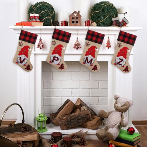 Personalized Burlap Christmas Stockings 19in with Embroidered Gnome Santa - Letter-O