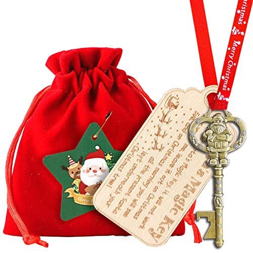 Vintage Santa Claus Christmas Ornament - Santas Magic Key for No Chimney Houses, Wood Engraved Wooden Tag and Red Bag and Ribbon