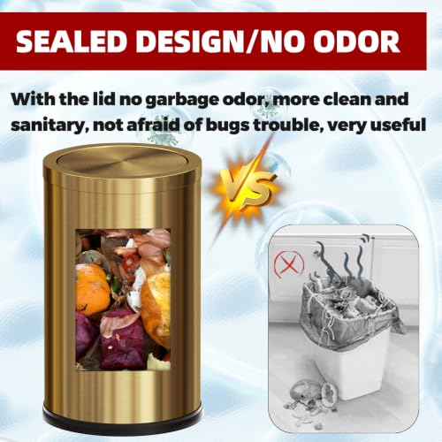 LEASYLIFE 4.7 Gallon Gold Bathroom Trash Can with Lid - Brushed Stainless Steel, Swing Lid, Non-Slip Base