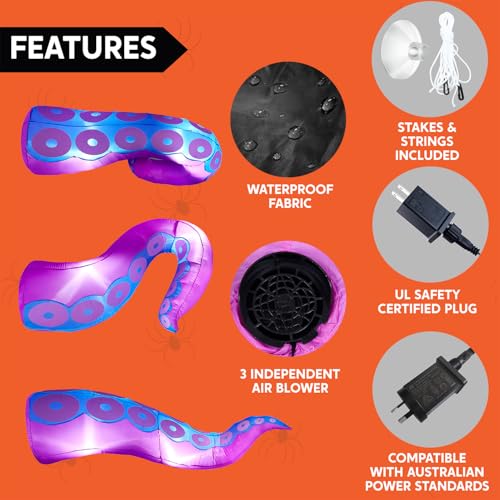 Purple Halloween Inflatable Octopus Tentacle Decoration with LED Lights - 3 Pcs Outdoor Yard Decor