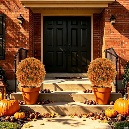 Fall Boxwood Topiary Trees - Artificial Shrubs with Ground Spike, UV-Resistant Outdoor Decor, 2 Pack