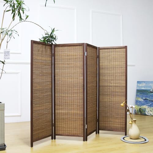 Brown 4-Panel Short Room Divider Screen - Freestanding Bamboo Partition for Small Spaces