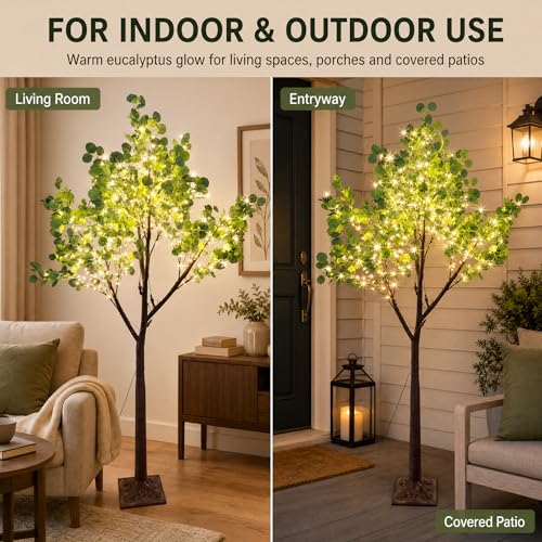 6FT Lighted Eucalyptus Tree with 400 Warm White LED Beads – Green-Eucalyptus