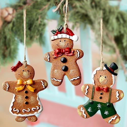 Gingerbread Christmas Ornaments Set - 3 Resin Hanging Decor, 3.5 Inch
