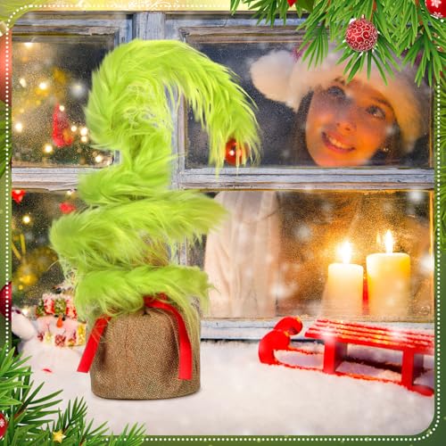 VioraWhite 14-Inch Whimsical Christmas Tree with Elf Hair - Lime Green Holiday Decor