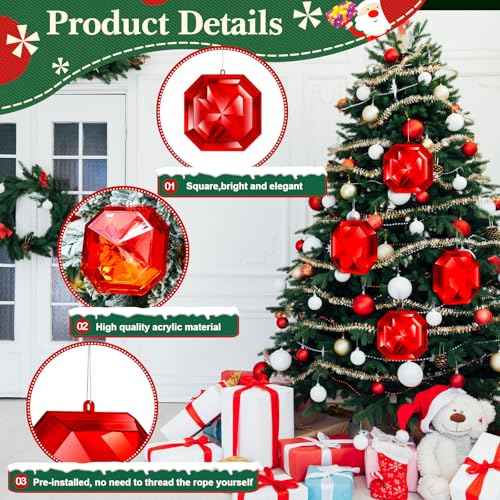Syhood 5.1 Inch Jewel Ornament Glitter Jewel Ornaments for Christmas Tree Acrylic Large Christmas Tree Hanging Decorations for Xmas Wedding Holiday Party Decor(Red, Square)