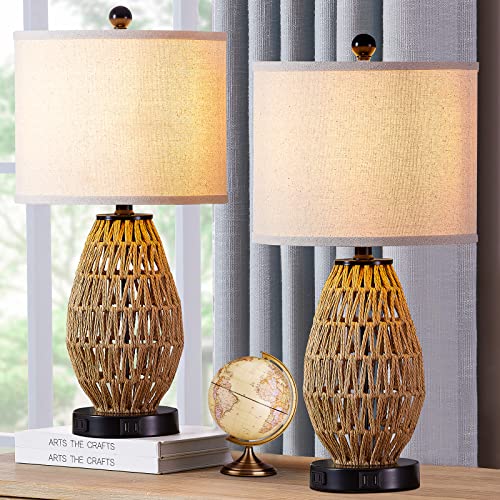 CINSARY Rattan Touch Control Bedside Table Lamps Set of 2 with USB & AC Outlet, Dimmable Nightstand Lamps for Bedroom & Living Room — Natural Wicker Finish