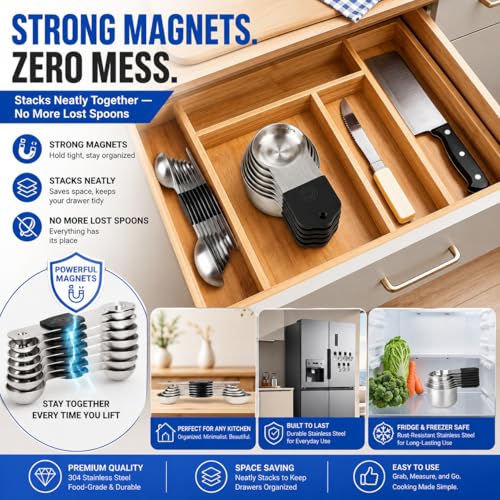 Black Magnetic Measuring Cups and Spoons Set - 15 pcs Stainless Steel Kitchen Utensils