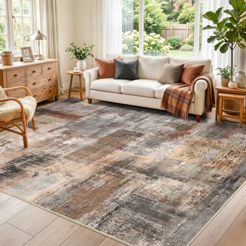 8x10ft Brown Abstract Area Rug - Non-Slip Low Pile Carpet for Living Room