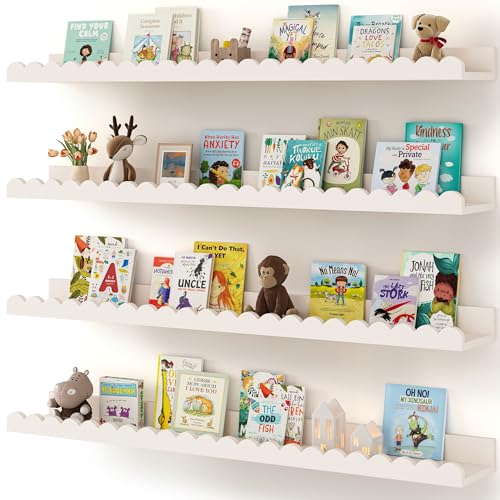 Shario White Nursery Book Shelves 36 Inches - Set of 4 Floating Wall Shelves for Kids Bedroom & Toddler Room
