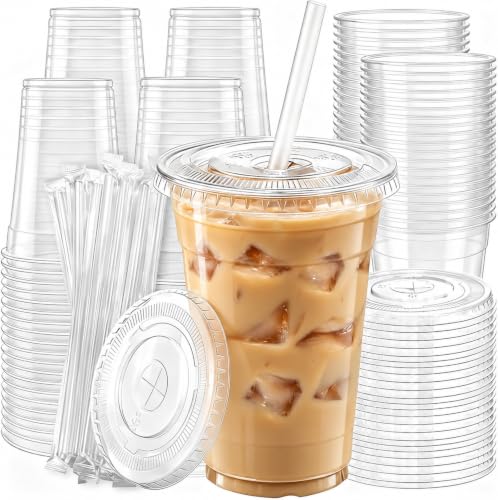16 oz Disposable Clear Plastic Cups with Lids & Straws - 100 Pack