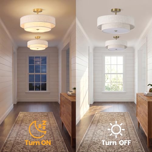 17.71-Inch 2-Tier Gold Semi-Flush Mount Ceiling Light Fixture, 3-Light Double Drum