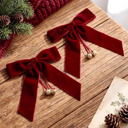 Wavyknot Burgundy Velvet Christmas Bows with Jingle Bells - 12 Pack