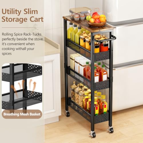 Black 4-Tier Slim Utility Rolling Cart with Wood Top - Narrow Metal Storage