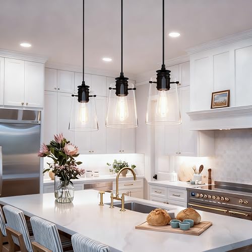 Black Pendant Lights for Kitchen Island - 3 Pack Modern Glass Hanging Fixtures