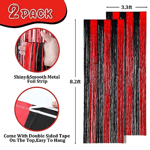 2 Pack 3.3x8.2 Feet Red and Black Foil Fringe Backdrop Curtains, Tinsel Streamers Birthday Party Decorations, Fringe Backdrop for Graduation, Movie Night, Horror Party