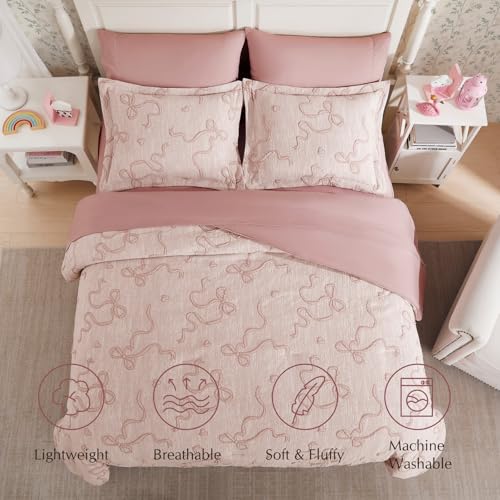 Full Pink Comforter Set for Girls - 7 Pieces Blush Bow Bed in a Bag