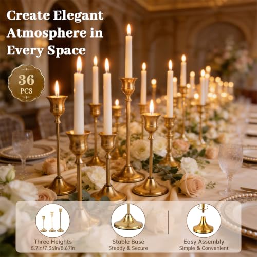 36PCS Gold Brass Taper Candle Holders Set - Vintage Metal Layered Design - Includes 3 Heights