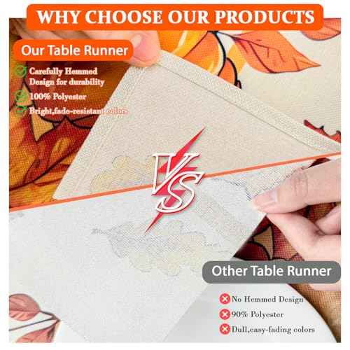 Bloss Thanksgiving Table Runner 72Inches Long Orange Pumpkins Maple Leaves Fall Table Runner,Seasonal Thanksgiving Fall Decoration,Autumn Farmhouse Harvest Style Kitchen Dining Table Decor