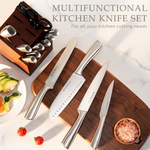 Elegant Walnut Pro Full Tang 15-Piece Kitchen Knife Set with Sharpener & Block