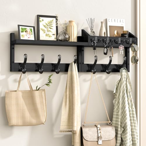 Black 29-Inch Wall Mount Coat Rack with Shelf & 11 Hooks - Entryway Organizer