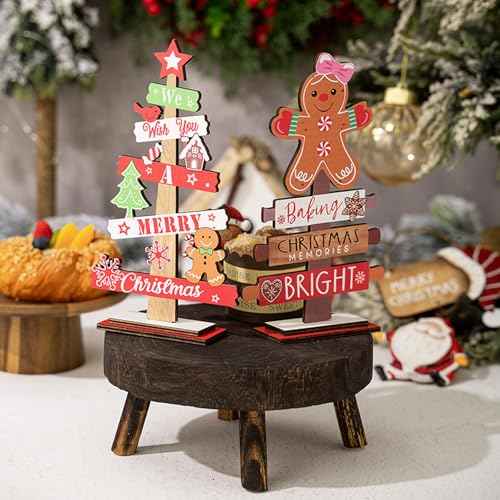 2Pcs Wooden Christmas Centerpiece Signs, Wooden Gnome Table Decorations Signs, Merry Christmas Table Toppers, Centerpiece Decorations for Holiday Home Party Indoor Decor (Gingerbread)