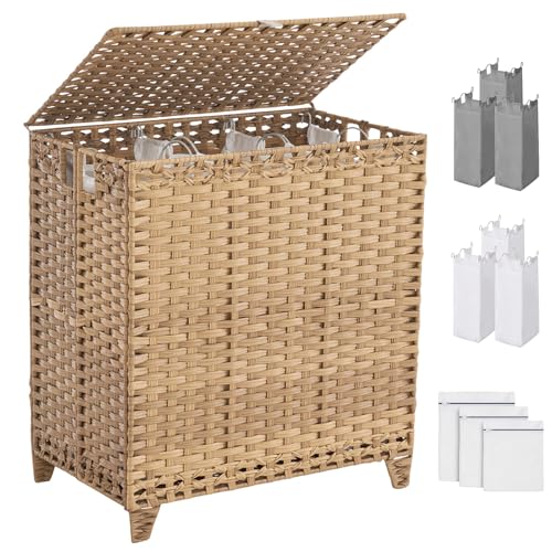 Laundry Hamper with Lid, 190L Large Basket 3 Section 6 Removable