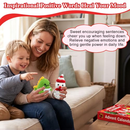 Red Handmade Crochet Animal Advent Calendar 24 Days Christmas Countdown with Positivity Cards for Kids Teens Adults