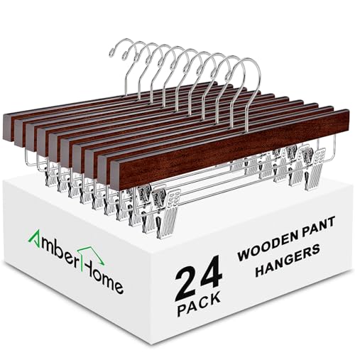 24 Walnut Wooden Pants Hangers with Adjustable Clips - 14" Variation of 24 / Walnut