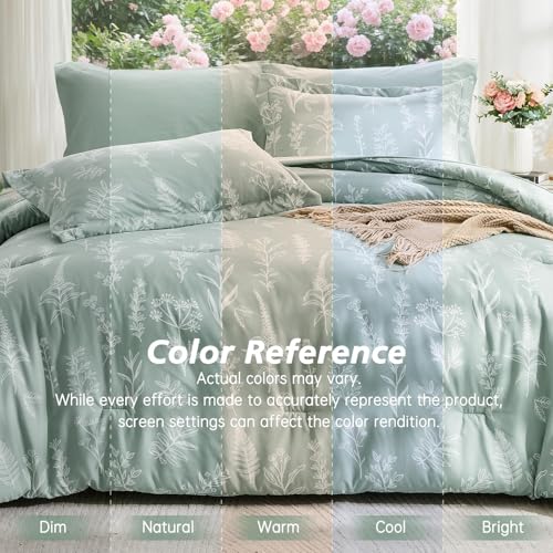 MUXHOMO Queen Floral Comforter Set 7-Piece Bedding in Sage Green Leaves, Queen (88"x 88")