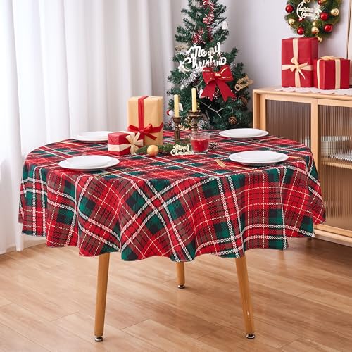 VEDACHIC V65 Christmas Red Green Plaid Round Tablecloth 60 Inch Waterproof Holiday Decor
