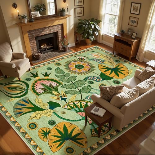 Joydeco 8x10 Sage Green Floral Boho Washable Area Rug for Living Room & Bedroom