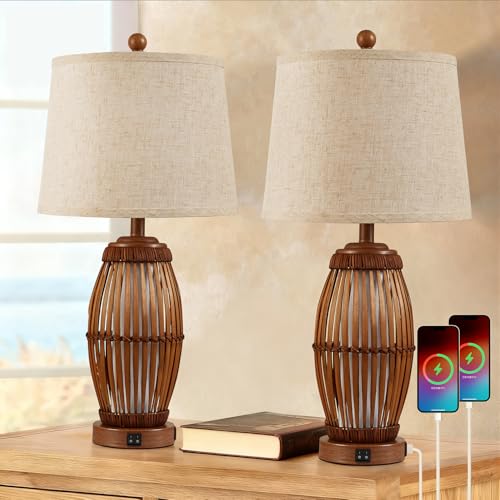 27-Inch Vintage Bamboo Woven Table Lamps Set of 2 with USB & Nightlight